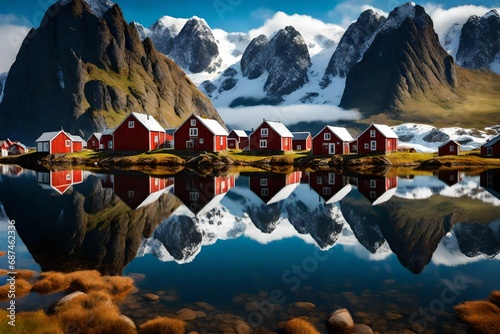 **perfect reflection of the raine village on the water of the fjord in the lofoten islands, norway--