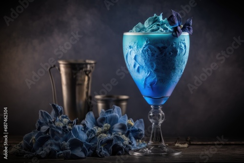 Closeup glass of blue kamikaze cocktail decorated with ice. Smoke at the background. Generative Ai