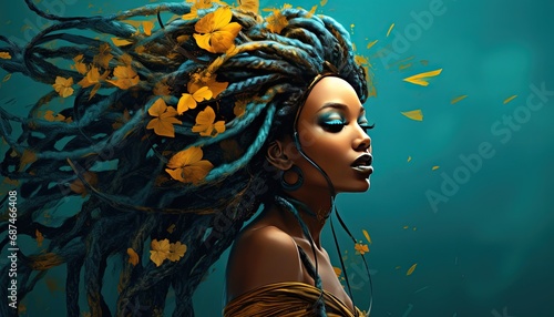 painting style illustration of pretty African woman deadlock hairstyle in wind blow, mysterious confident fashion portrait artistic design, Generative Ai