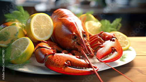 fresh boiled lobster and lemon on white plate