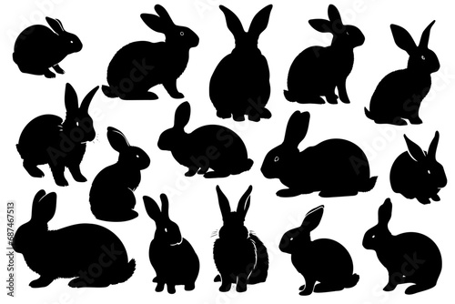 Isolated rabbit on white background, set of different rabbit silhouettes for design use.