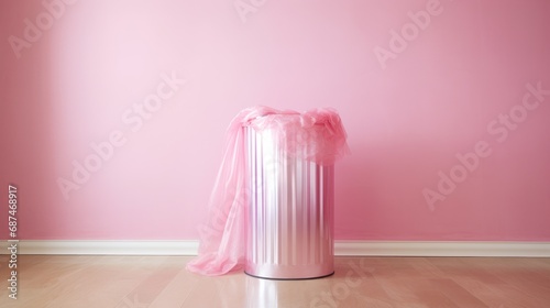 pink organza material thrown in a metallic pink rubbish bin