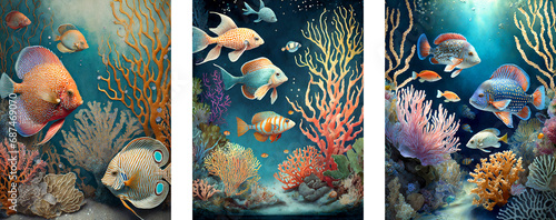 Set of three about the underwater world with tropical fish in the coral reef. Illustration for scrapbooking and greeting card design.
