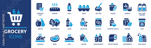 Grocery icon set. Containing milk, eggs, bread, butter, flour, cereals, snacks, toilet paper, detergent and more. Solid vector icons collection.