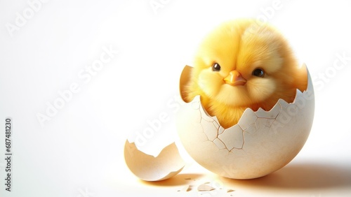 Charming moment of a chick hatching, with fluffy yellow feathers, head and legs peeking out from the cracks of its eggshell. 