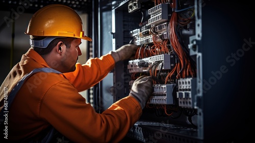 commercial electrician at work on a fuse box, Male Electrician Checking Fuse Box,adorned in safety gear, 