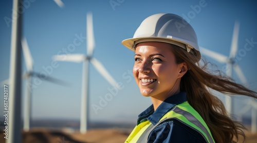 a beautiful female engineer smiling at the camera with electricity producing wind turbines in background.