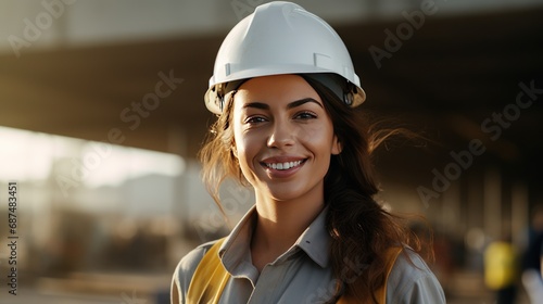Beautiful female engineer, white skin. looking at camera On a construction site. Smiling ethinic woman 