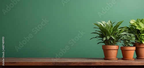 Potted plants on a wooden table against a green wall with copy space