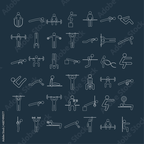 Set of calisthenics training exercises icons in outline style. Workout, athletic, gym, fitness symbols. Stylized people making sports in gymnasium. Isolated line vector illustration
