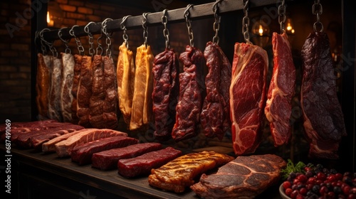 Various meats hanging on a line in a market or butch