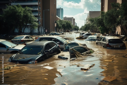 Cars submerged from hurricane. Heavy rains from hurricane Harvey caused many flooded areas. Flooded cars on the street of the city
