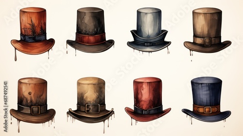 Set of vintage top hats. Cylinder hats isolated on white background
