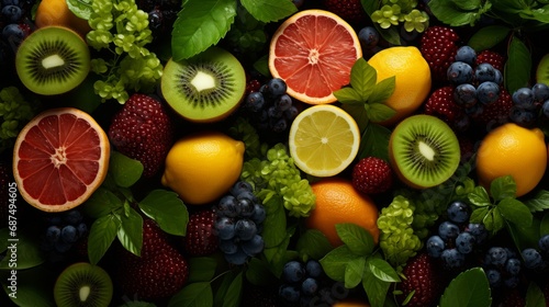 Top view of various exotic fruits creating