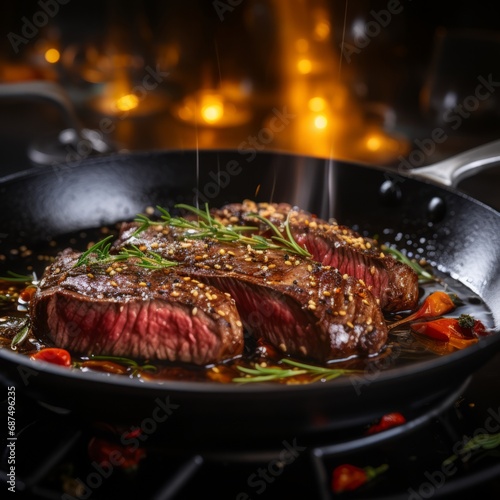 Juicy, herb-crusted rump steak cooking on a hot grill, exuding rich aromas.