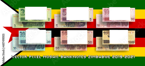 Vector set of pixel mosaic banknotes of Zimbabwe. Collection of notes in denominations of 2, 5, 10, 20, 50 and 100 Zimbabwean dollars. Obverse and reverse. Play money or flyers.