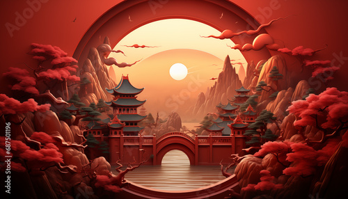 Chinese gate on red background, copy space text, decoration element for Years of the Wood Dragon 2024, Generative AI