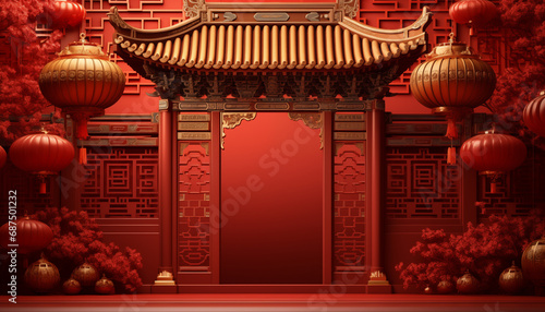 Chinese gate and lantern on red background, copy space text, decoration element for Years of the Wood Dragon 2024, Generative AI