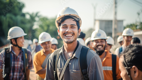 A group of happy asian workers laughing on building site. 