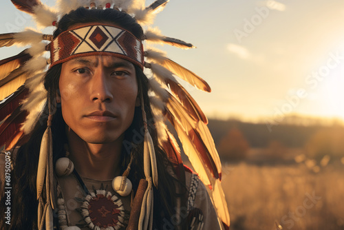 Portrait of native American Indian red wearing traditional dress with bird feature headdress with field meadow and grass nature with copy space background.