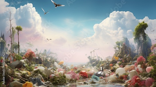 Garbage waste Trash in beautiful nature background wallpaper AI generated image