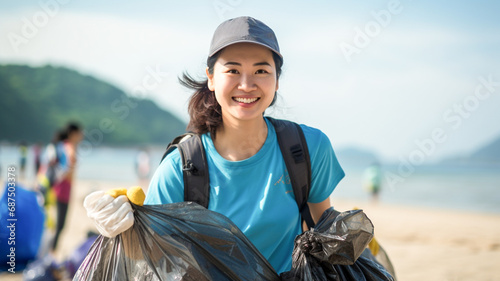 Women Volunteer collect trash in a trash bag. Plastic pollution and environmental problem concept. Voluntary cleaning of nature from plastic. 