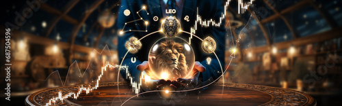 Business Horoscope for Leo. Astrology from a businessman + crystal ball for fire element zodiac sign. Modern Magic Witchcraft Cover. Forecast and divination for company. Startup strategy planning