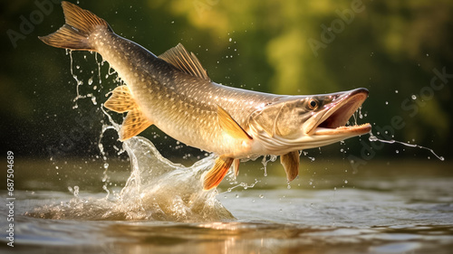 Big pike fish jump out of water with splashes. Fishing background. 