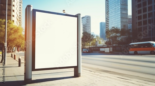 Vertical blank white billboard at bus stop on city street. In the background buildings and road. Mock up. Poster on street next to roadway. Sunny summer day. : Generative AI