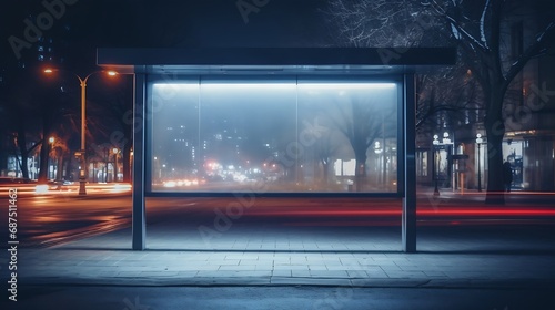 blank billboard bus stop night with lights cars passing by. Resolution and high quality beautiful photo : Generative AI