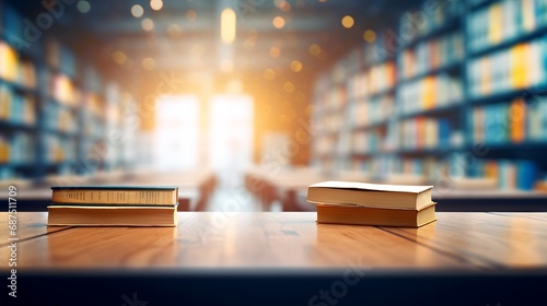 Abstract blurred empty college library interior space. Blurry classroom with bookshelves by defocused effect. use for background or backdrop in book shop business or education resource : Generative AI