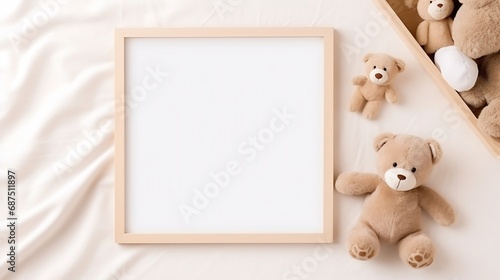 Blank square wooden frame mockup for nursery art or pregnancy announcement display, flat lay with baby toys and accessories. : Generative AI