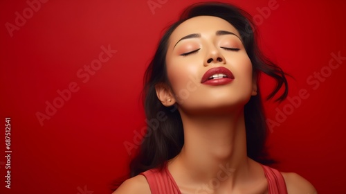Pretty brunette young Asian woman closes eyes licks lipsfrom temptation to taste something delicious shows tongue imagines eating delicious food wears shirt isolated over vivid red bac : Generative AI