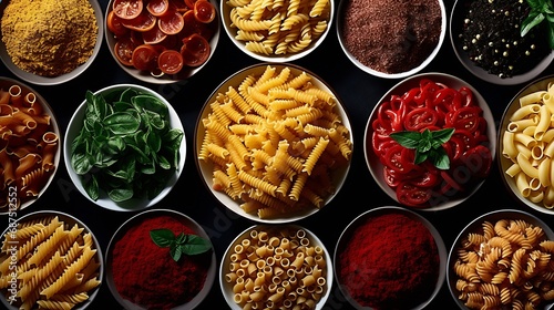 Plates of pastas with different kinds of sauces, top view. Italian food concept. Panorama, banner : Generative AI