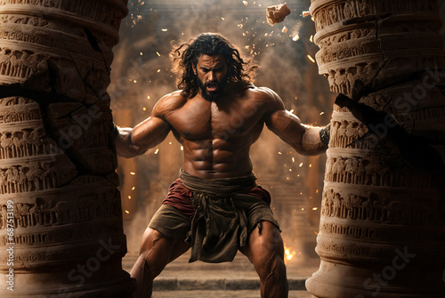 Samson breaking the temple pillars. Biblical scene concept, religious theme.