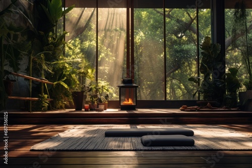 Mats lie on the floor of a quiet yoga room, surrounded by muted background sounds, fostering a sense of tranquility in the spacious open room during the sunset.