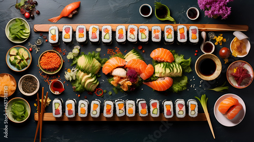 pattern knolling of sushi and ordered ingredients in kitchen table