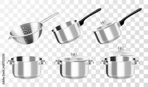 Kitchenware, vector cooking set. Cookware pots or saucepan, and stew pan with lids, ladle and metallic colander for cooking. Isolated on transparent background. Realistic 3d vector illustration
