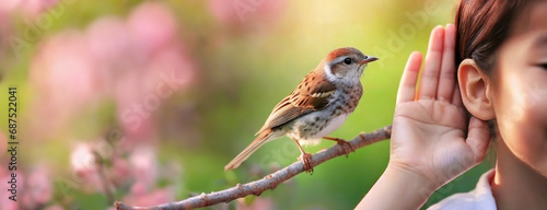Close-up of a person cupping their ear next to a sparrow, representing the struggle of hearing loss and tinnitus