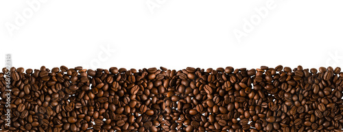 Roasted coffee beans, png, isolated on transparent background. Top view of coffee. Copy space for text. Border.