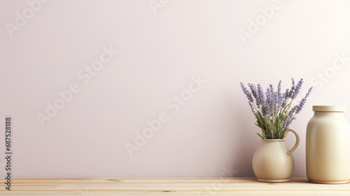ラベンダーの花束が陶器の花瓶に飾っているベージュの木製の机、背景薄い紫、コピースペース