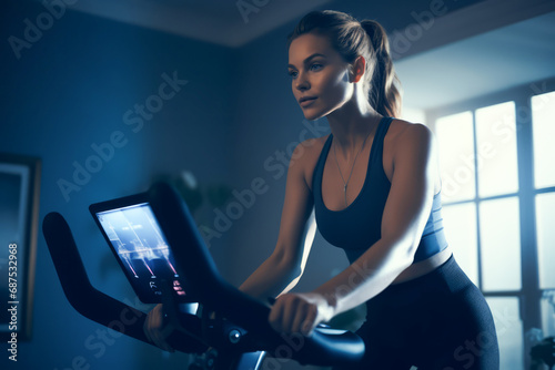 Active fitness woman working out on exercise bike at the gym with window background. Female exercising on bicycle in health club. Close up focus on legs.