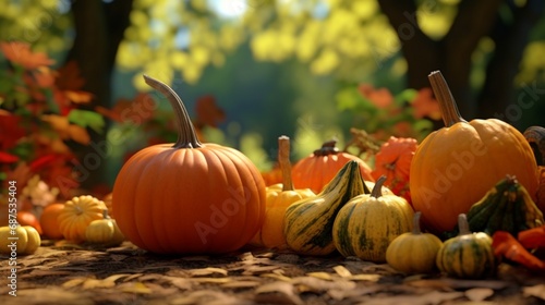 Background of autumn with pumpkins and maple leaves Background of Thanksgiving or the harvest