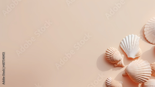 Seashells on pastel beige background. Minimal summer concept.