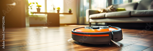 Robot vacuum cleaner on the floor in the modern living room close-up