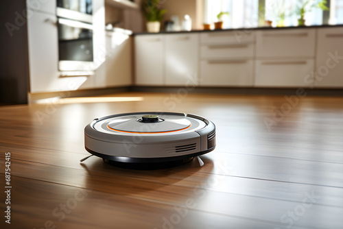 Robot vacuum cleaner on the floor of a modern kitchen