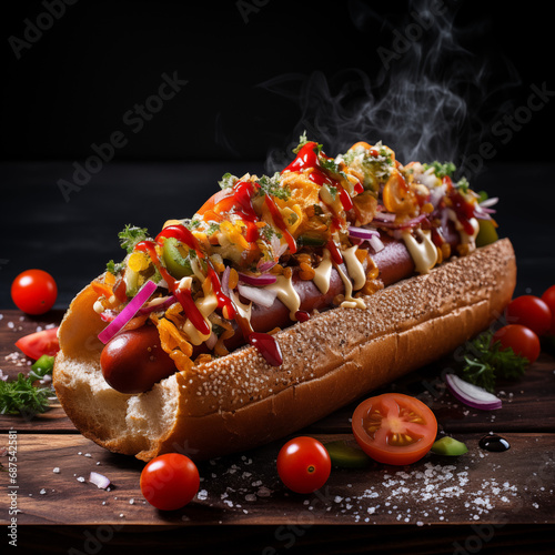 Savor the enduring charm of a timeless classic hotdog, skillfully dressed in luscious tomato sauce, radiating a delightful warmth that hints at culinary perfection. This traditional culinary gem embod