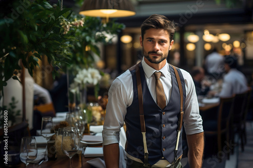 A man waiter standing in front of many tables with clients in restaurant.
