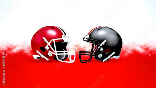 American football opponent teams helmets in red and gray color, background with space for text , Super Bowl Sunday
