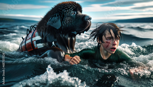 A young boy is rescued from drowning in the ocean by a Newfoundland rescue dog wearing a flotation device.